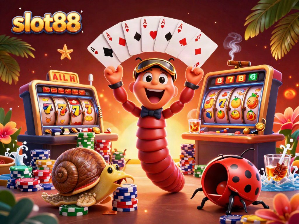 Menangkan jackpot di slot88 dengan dealer milipede 3D yang meriah dan simbol slot mengelilinginya.