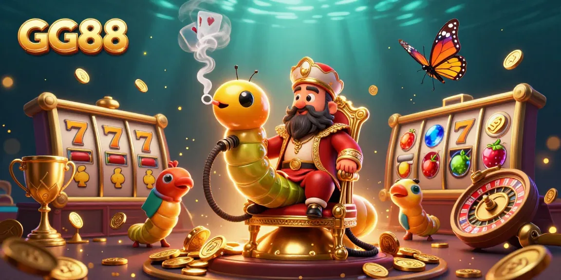 Engage with GG88 in this vibrant 3D casino scene showcasing a caterpillar master and rich gaming elements.