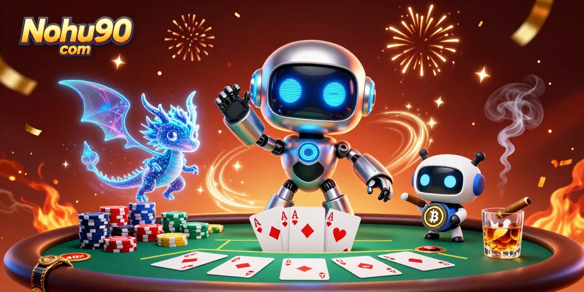 Engage with thrilling games at Nohu90 com, featuring colorful poker chips and animated casino characters.