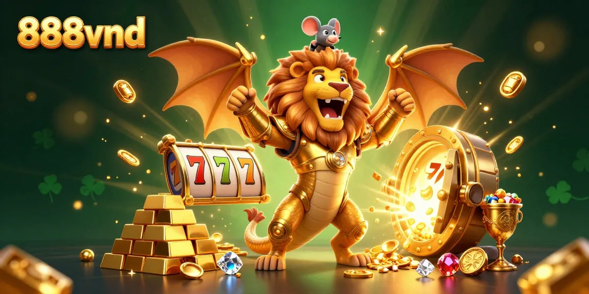 Experience thrilling jackpots with 888vnd in this dazzling casino adventure illustration featuring gold treasures and game symbols.