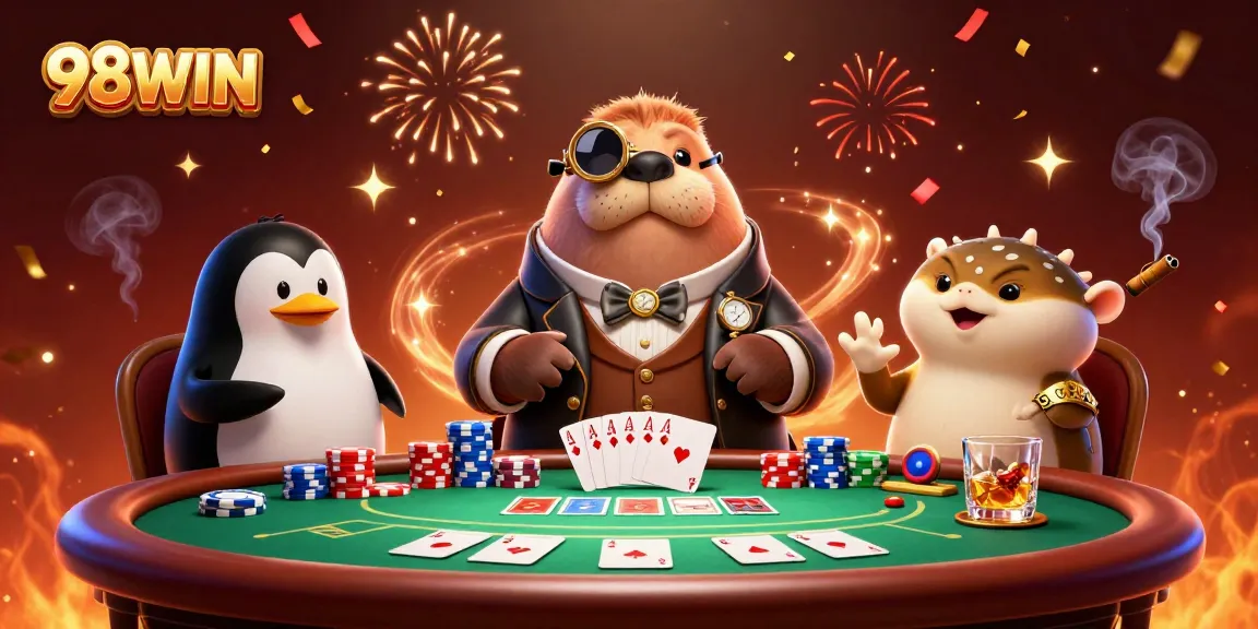 Experience thrilling poker at 98WIN with a jolly walrus and sophisticated dealer in style.