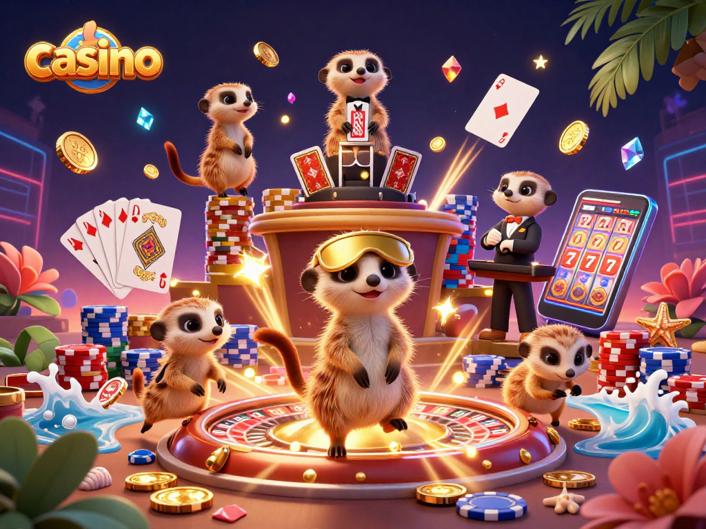 Exciting casino scene with playful meerkats managing games, golden coins flowing everywhere.