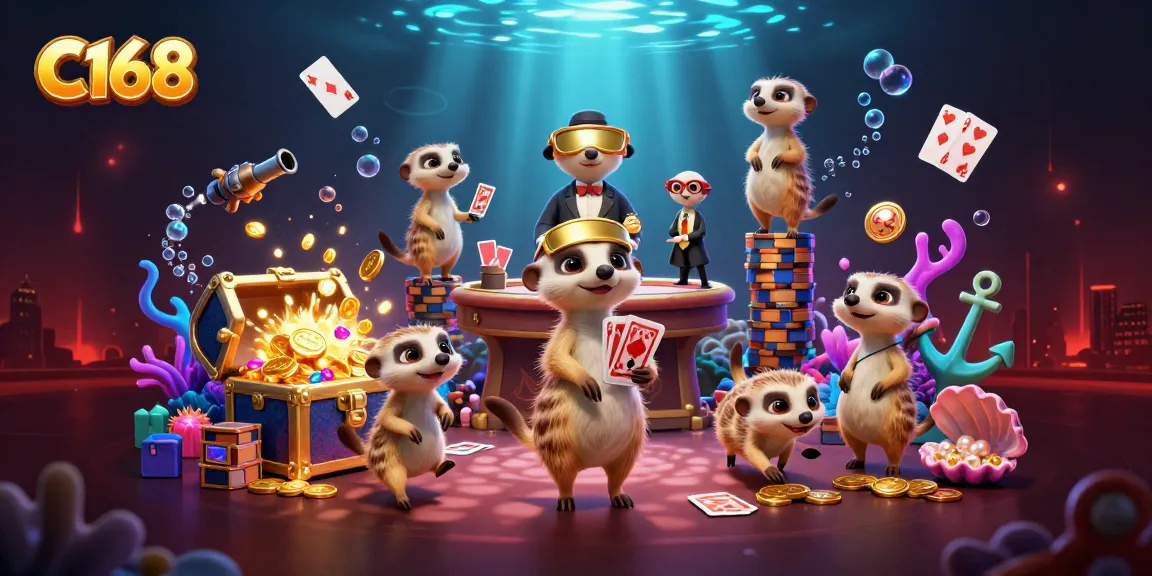 C168 meerkats running an exciting casino, surrounded by gold coins, cards, and vibrant underwater elements.