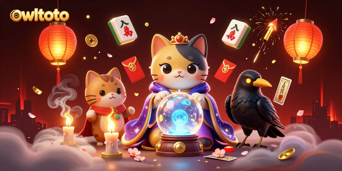Engage in thrilling gambling with owltoto featuring a mystical cat, raven, and floating casino elements.