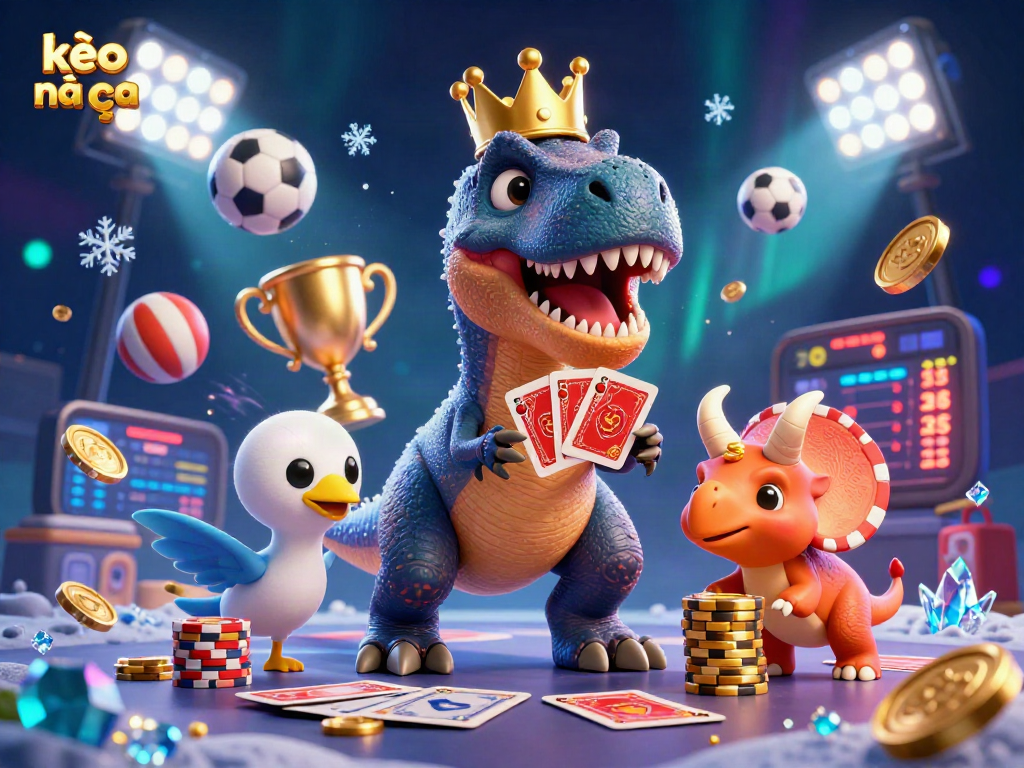 Experience exciting kèo nhà cái action with a playful T-Rex, card shuffling, and dynamic sports elements.