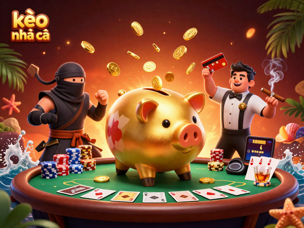 Engage with kèo nhà cái in a vibrant casino showdown featuring a golden piggy bank wrestler!