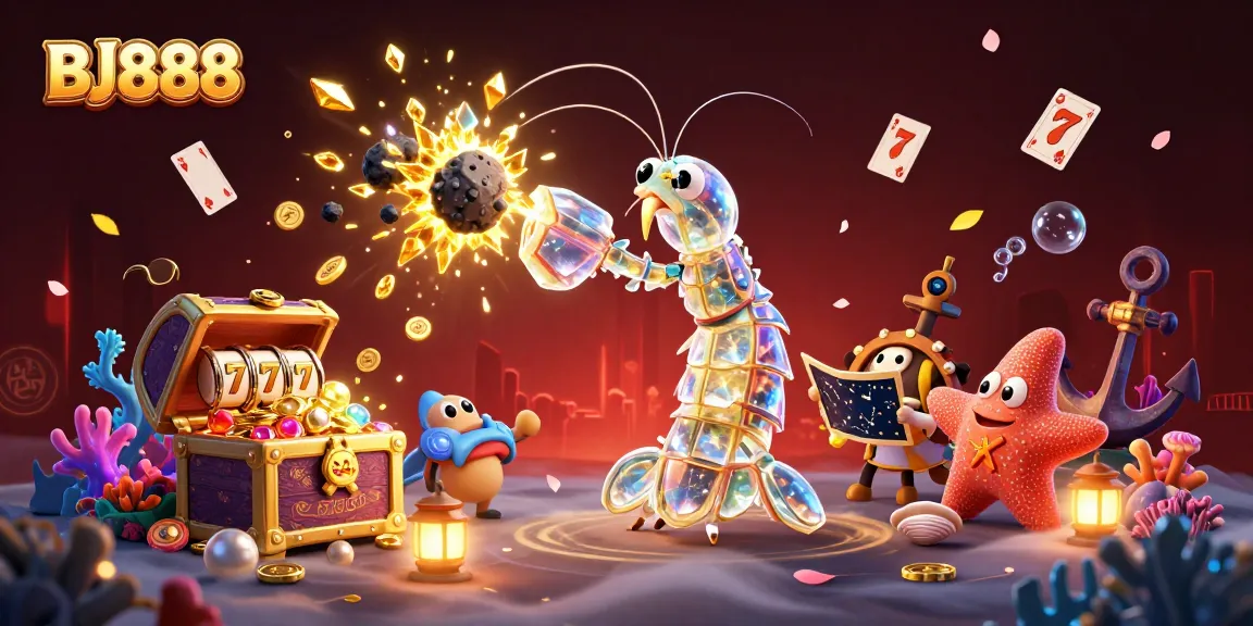 BJ888 offers exciting slot games with a cartoon galactic mantis shrimp in action amidst golden gems and coins.