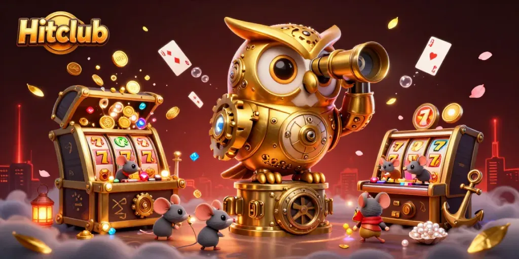 Hitclub showcases thrilling casino action with a massive golden owl overseeing playful mice patrons at vibrant slot machines.