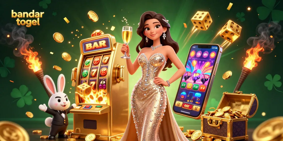 Bustling scene of bandart togel action featuring a woman toasting by a jackpot slot machine.
