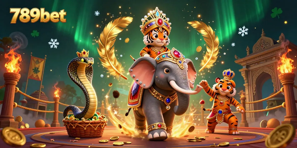 Engage with 789bet's vibrant casino world featuring a maharaja tiger, jewel-encrusted elephant, and gambling elements.