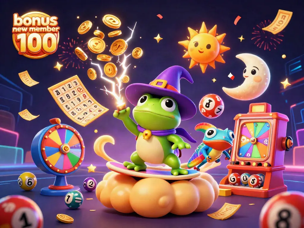 Celebrate big wins with the bonus new member 100 illustration featuring vibrant characters and gambling elements.