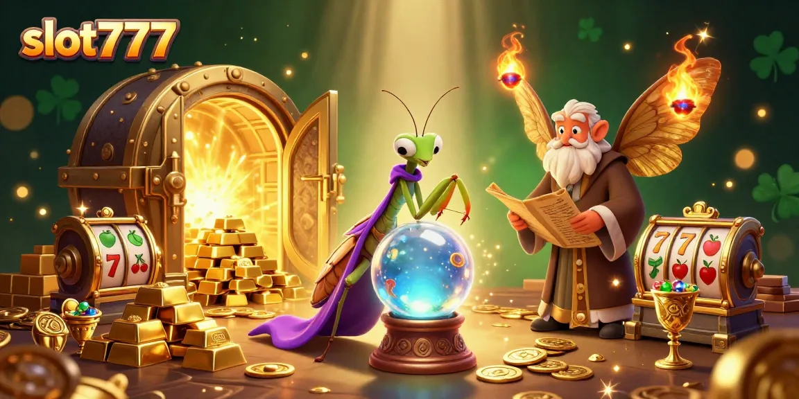 Play slot777 with a 3D cartoon praying mantis fortune teller and mystical elements in an engaging casino scene.
