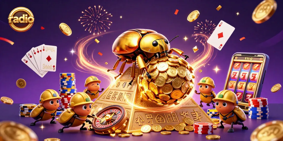 Experience captivating radio gaming with a golden dung beetle rolling coins in a vibrant casino
