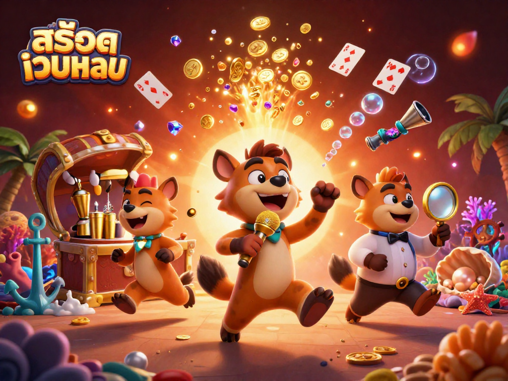 Experience the excitement of สล็อตเว็บตรง with hyena characters in a vibrant casino scene filled with gold and games.