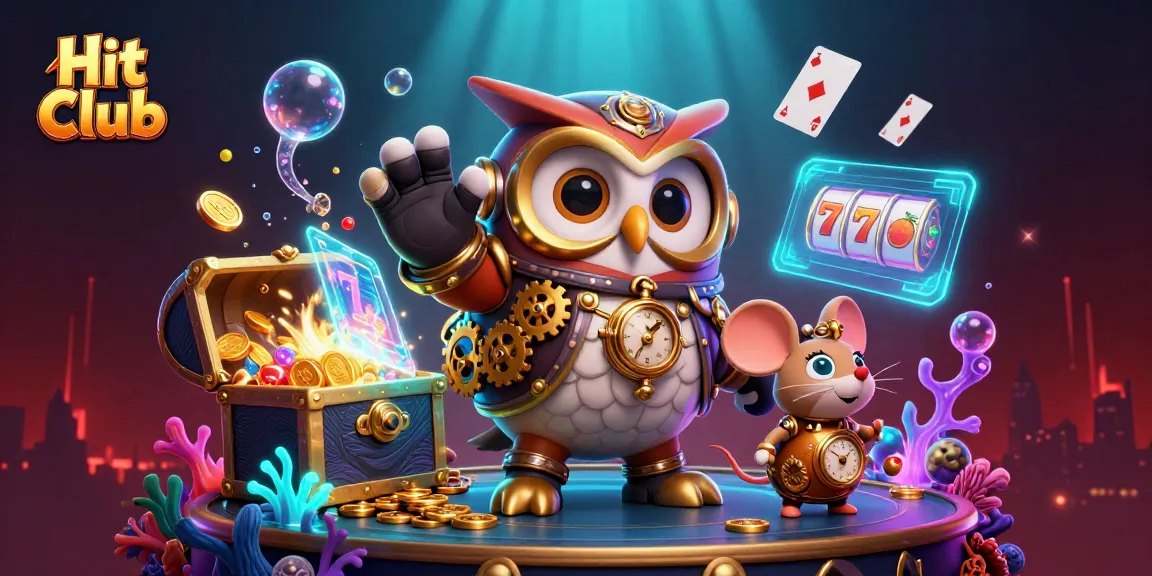 Hit Club vibrant casino scene features steampunk owl and clockwork mouse with colorful game elements.