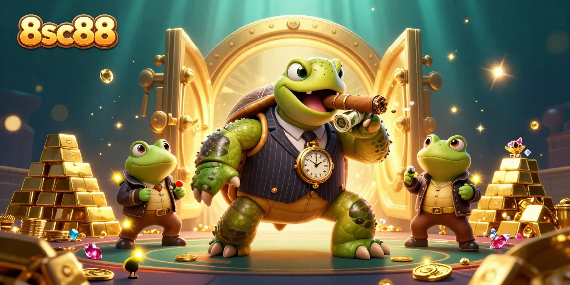 8sc88 casino illustration featuring a snapping turtle in a mobster suit surrounded by treasure and lights.