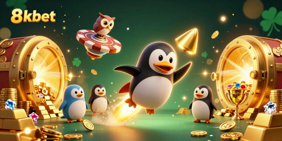 Experience thrilling adventures with 8xbet as a golden penguin blasts through space towards a casino station.