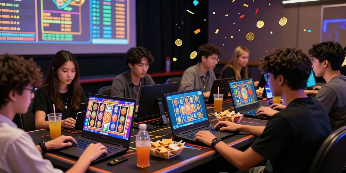 Players enjoying slot gacor games on their laptops in a vibrant online gaming environment