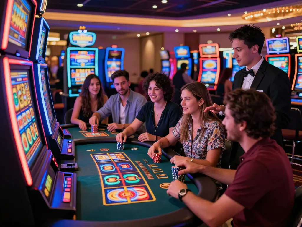 A vibrant casino scene showcasing friends enjoying a slot machine, highlighting the engaging atmosphere of akunjp gaming.