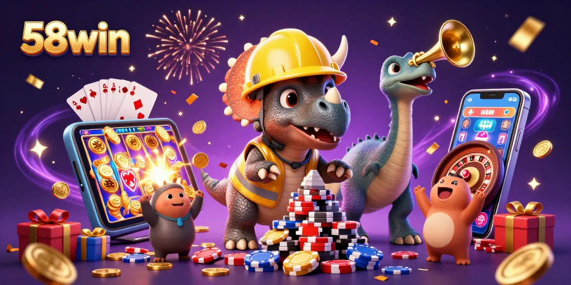 Engage with 58win’s exciting casino scene of a triceratops and friends in a vibrant gaming environment.
