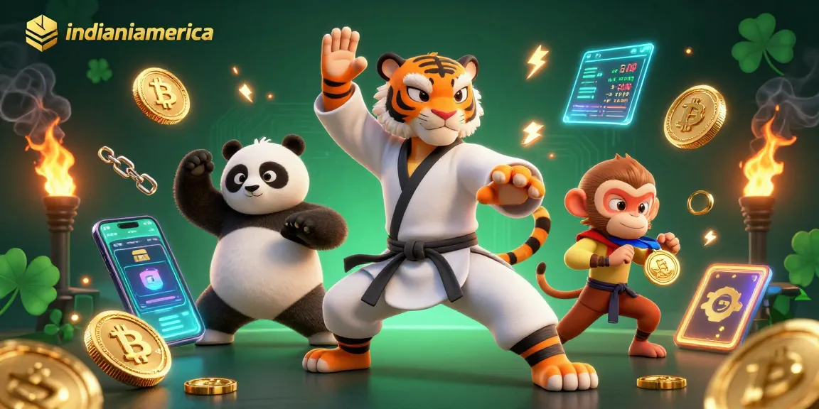 Engage with the exciting world of indianiamerica featuring a kung fu tiger and crypto coins.
