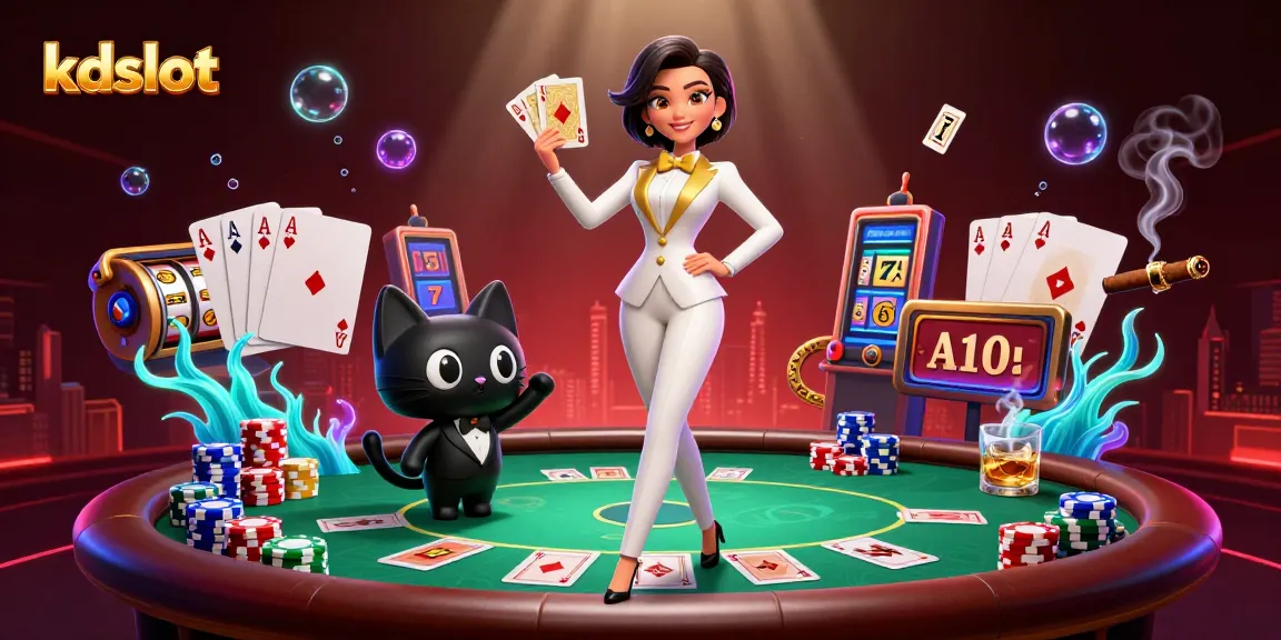 Kdslot gaming scene with glamorous characters, vibrant poker table, and action-packed slot reels.