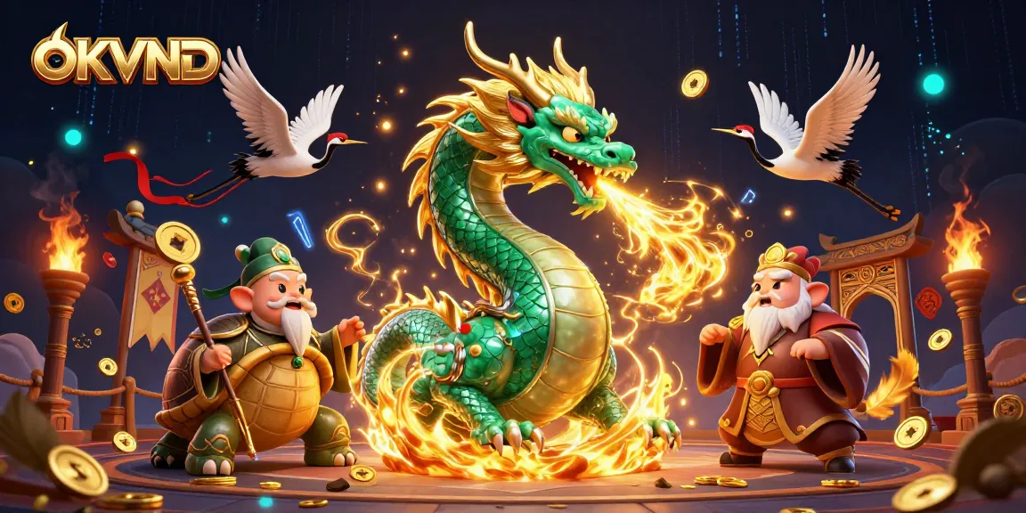 Engage with OKVND's vibrant 3D casino scene, showcasing a dragon, turtle sage, and lucky cranes.