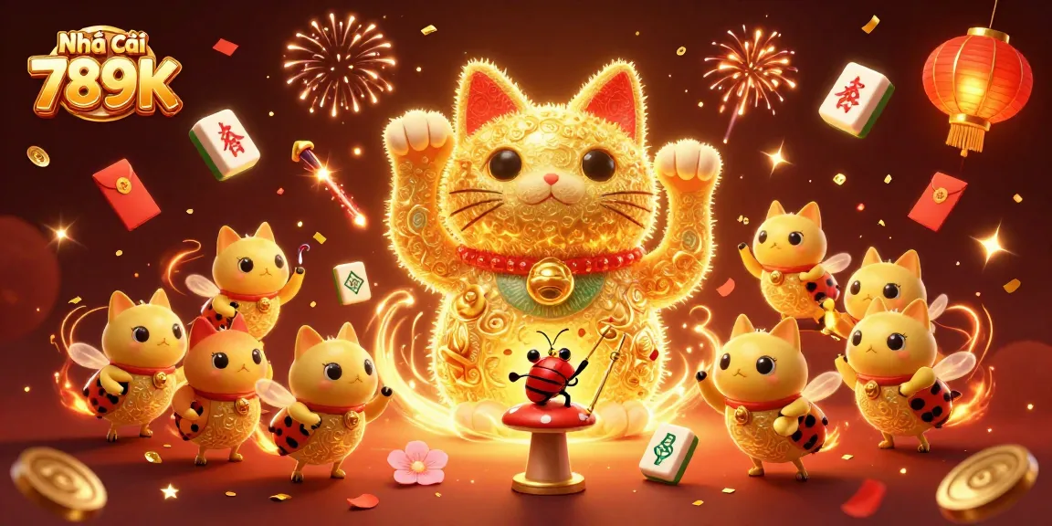 Engage with Nhà cái 789K in a vibrant casino scene featuring a giant lucky cat and collectible symbols.