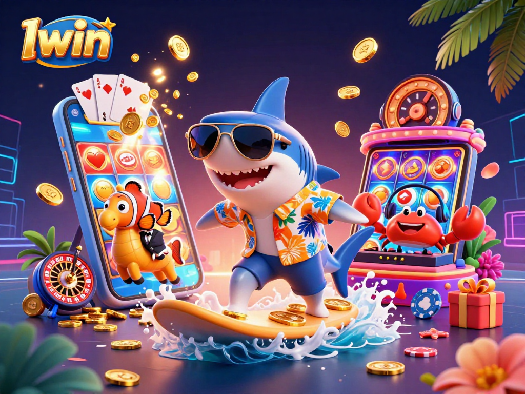 Iwin showcases vibrant gameplay with a hammer-head shark surfing gold coins and engaging casino elements.