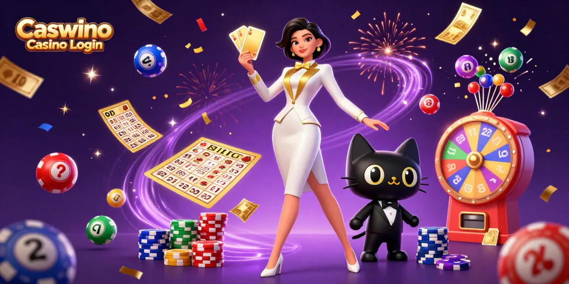Play exciting games with Caswino Casino Login, featuring a glamorous woman and a playful tuxedo cat.