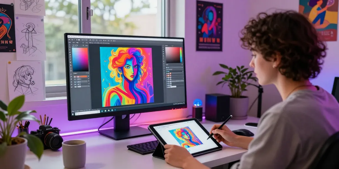Artist generating vivid NSFW AI images in a modern studio with creative tools and vibrant decor