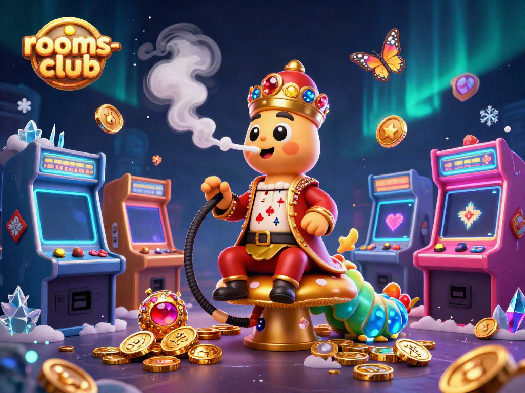 Permainan slot yang menarik di rooms-club dengan karakter kartun unik dan koin emas melimpah.