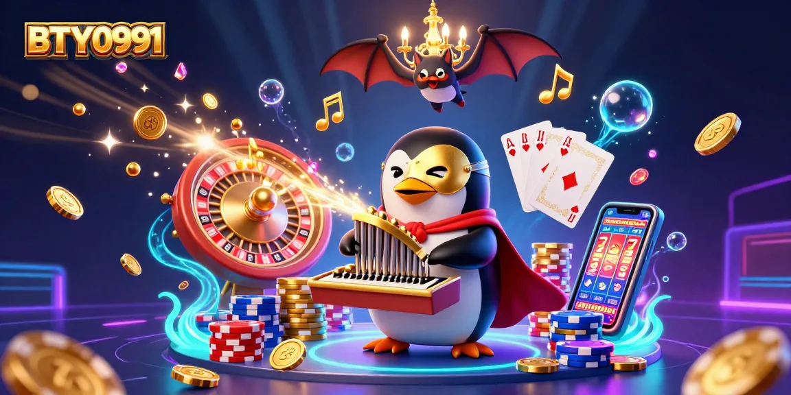 Experience the excitement of BTY0991 with our 3D casino scene featuring a phantom penguin and bat acrobat!