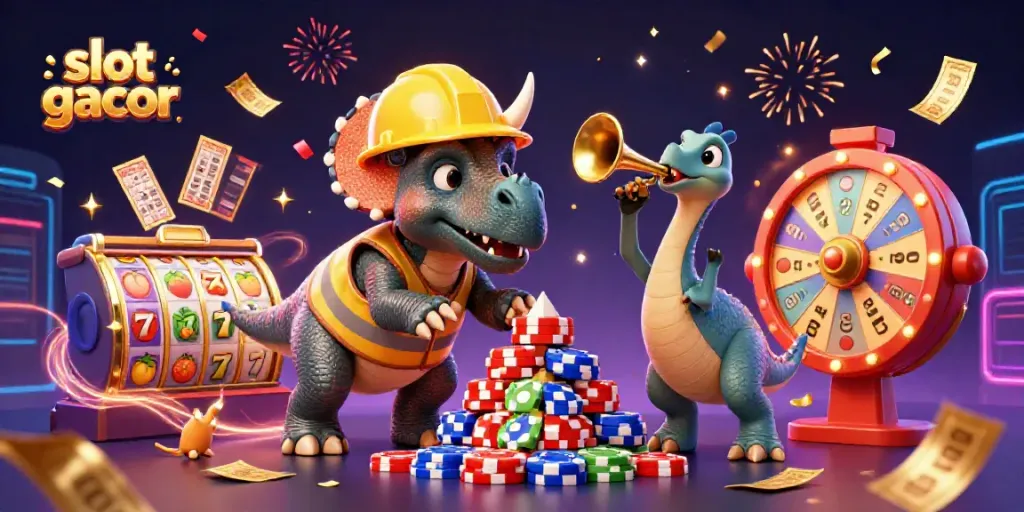 Experience slot gacor excitement with a triceratops building poker chips amidst festive casino elements.