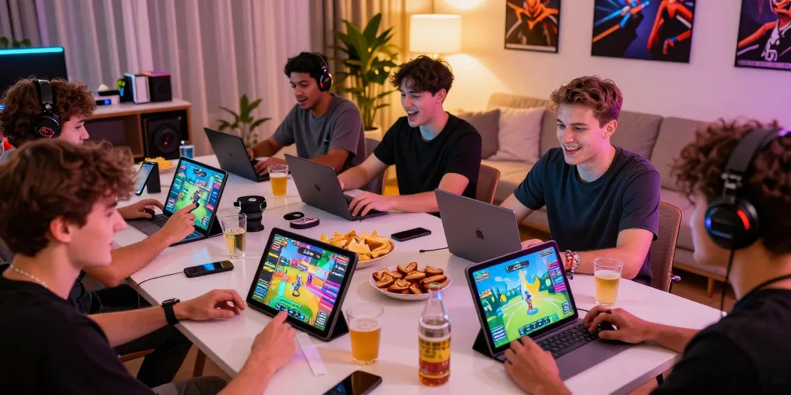 Players enjoying the h555-game on mobile devices in a vibrant living room.