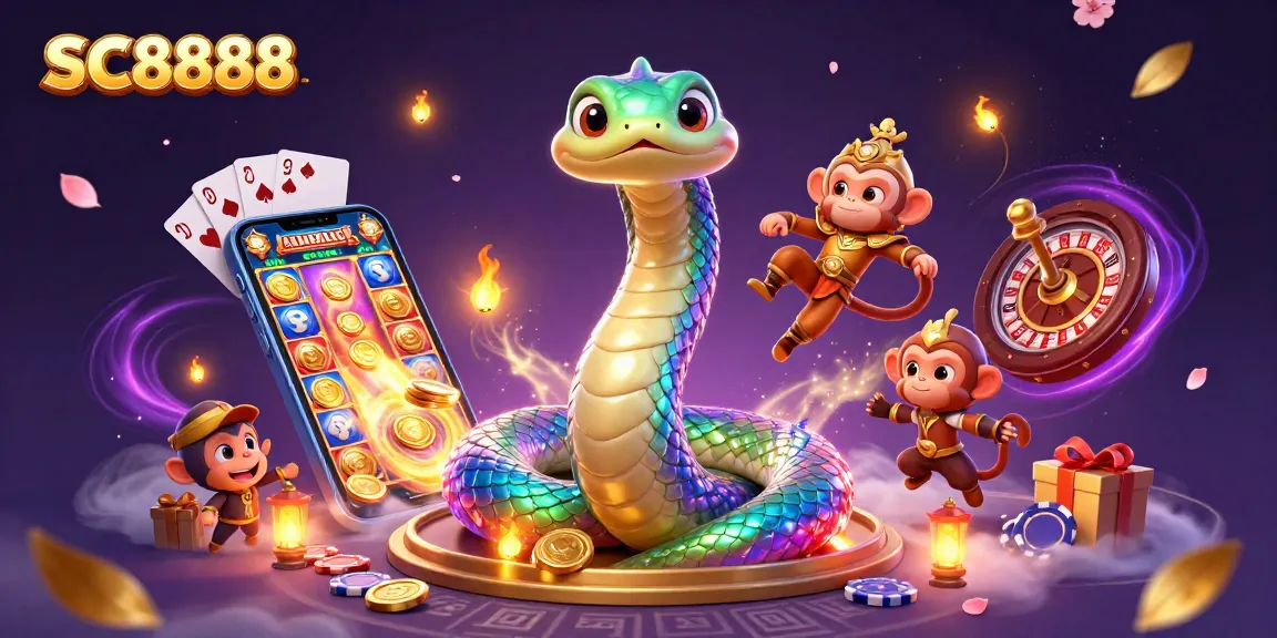 Win big with SC8888: A dynamic scene showcasing vibrant casino elements and enchanting characters.