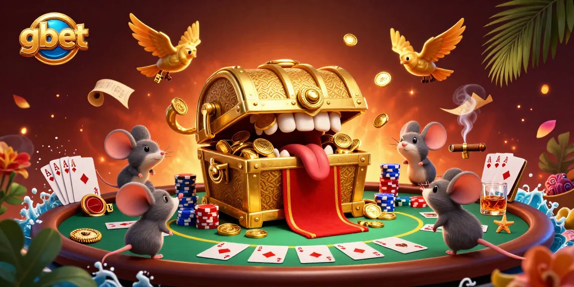 Engage with gbet in a vibrant 3D casino scene filled with rich poker action and treasure.