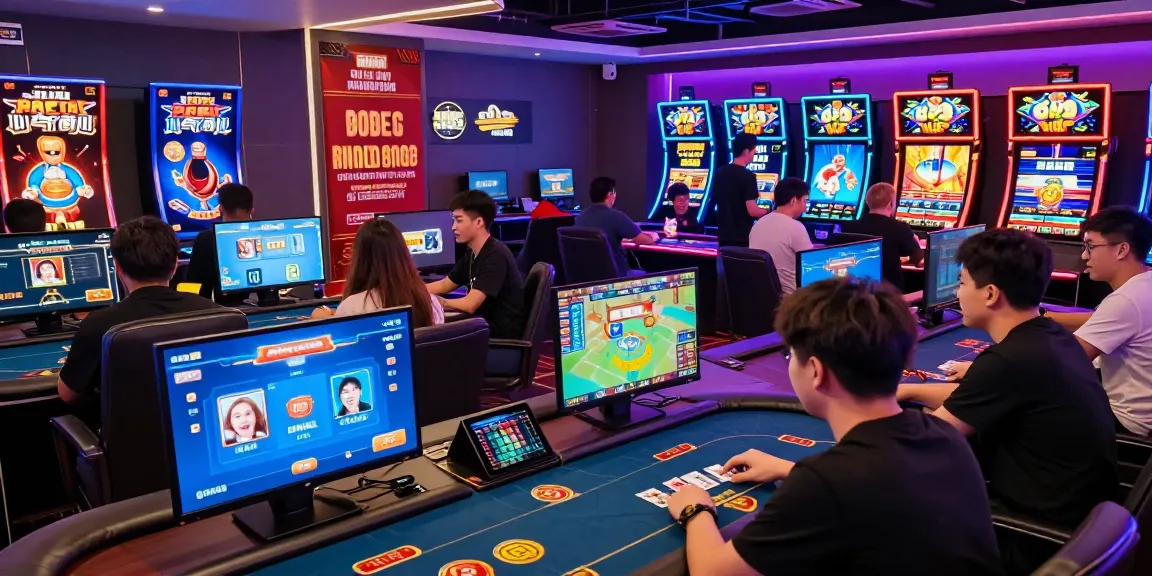 Exciting scene of players enjoying game bài đổi thưởng in a vibrant online gaming lounge with digital interfaces and promotional banners.
