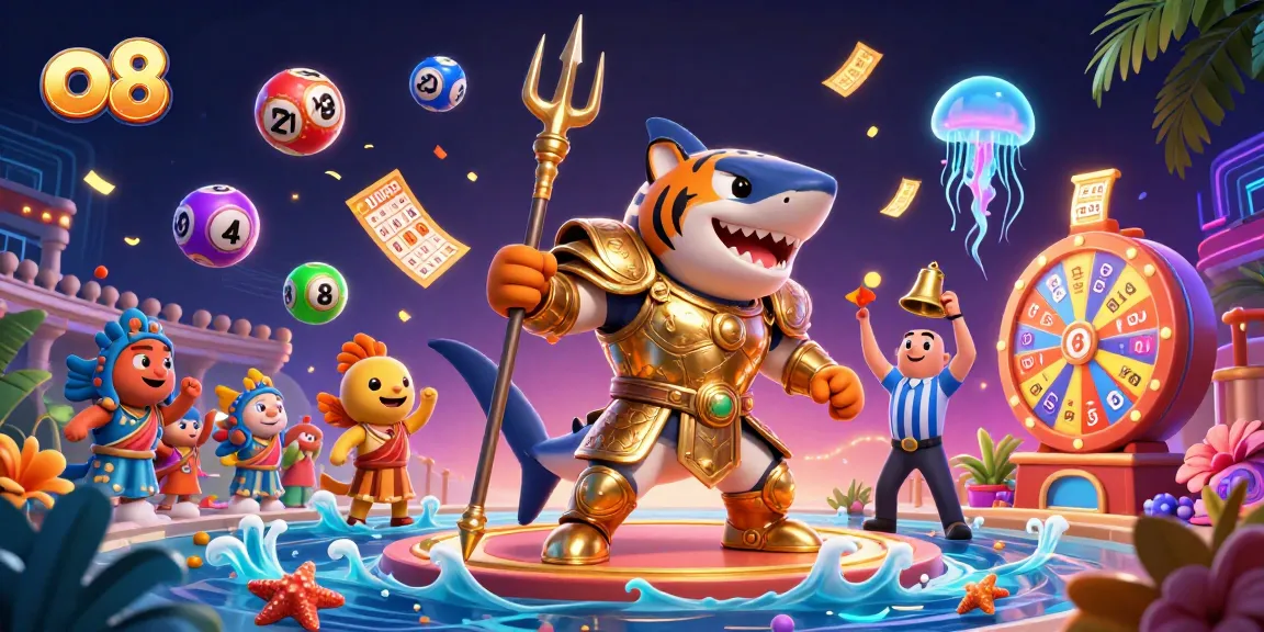 Engage in thrilling gameplay at o8 with dynamic elements and vibrant colors surrounding a fierce shark gladiator.