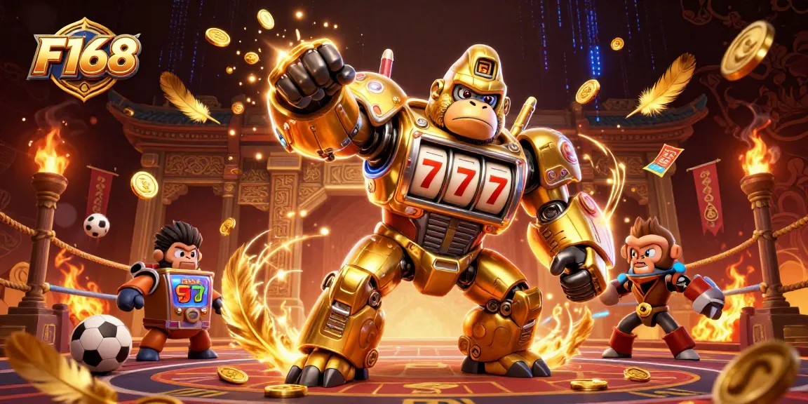Experience the thrill of F168 with a dynamic 3D illustration of a golden mech and sports betting elements.