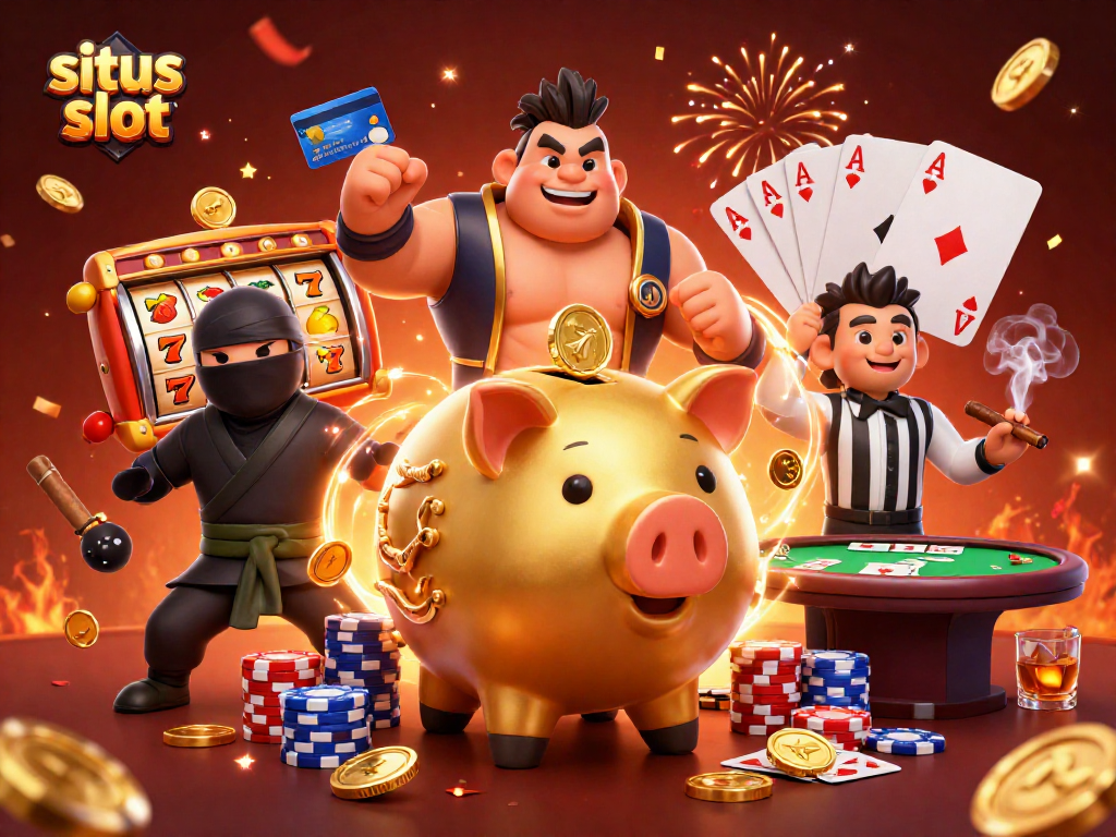 Menangkan situs slot dengan ilustrasi 3D yang menunjukkan karakter pembayaran jackpot dan pesta kasino.