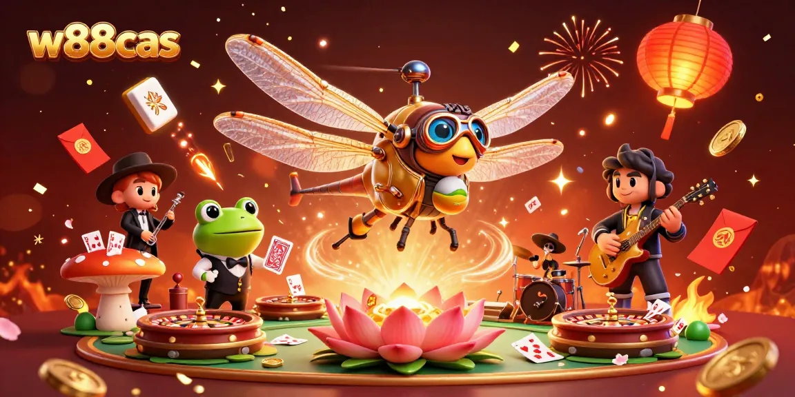 Play with excitement at w88cas featuring a dragonfly pilot and interactive casino elements.