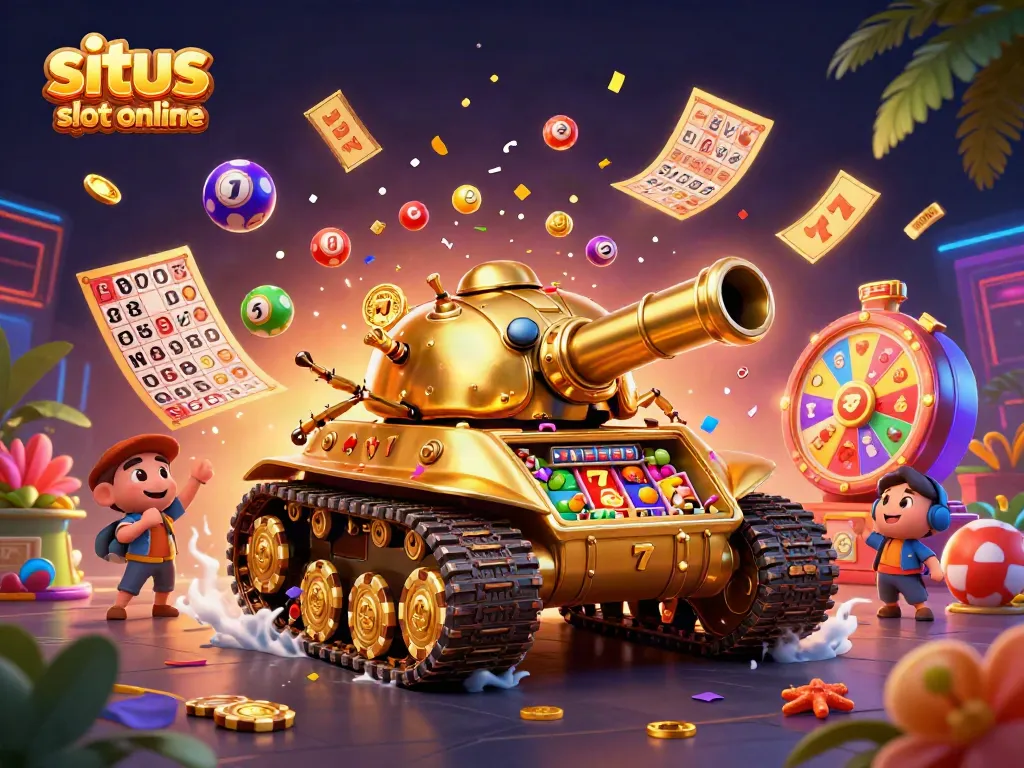 Gambaran situs slot online bertema dengan tank kumbang emas raksasa berisi kasino mini.