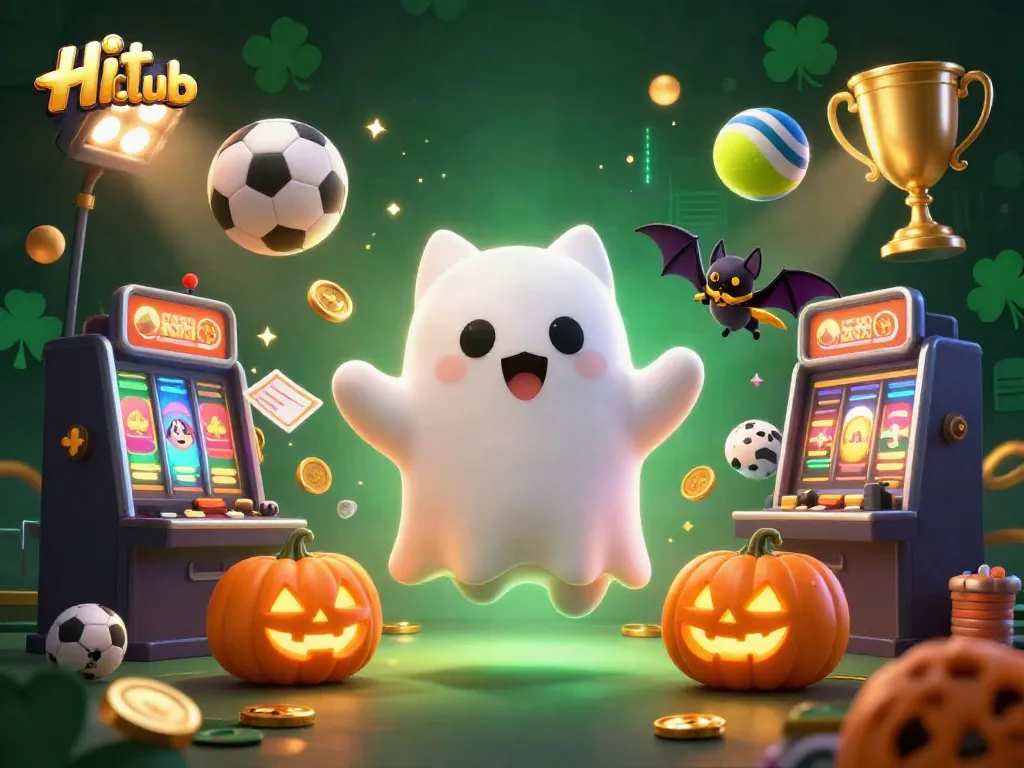 Hit club showcases a ghost cat and vampire bat in a vibrant haunted casino setting.