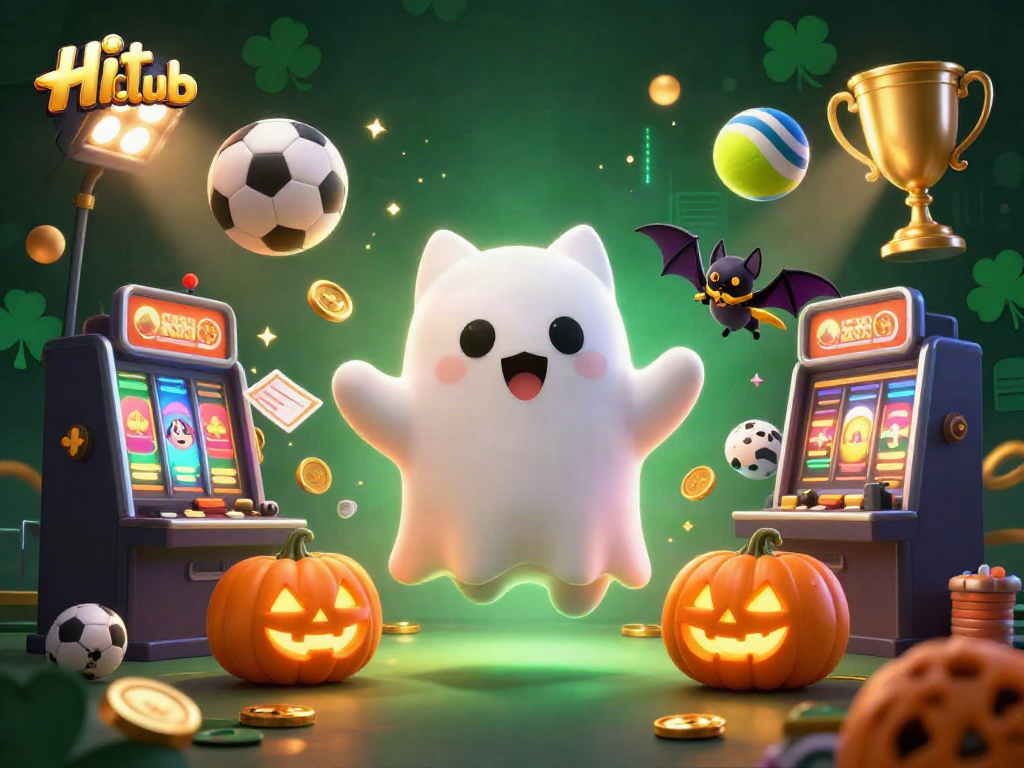 Hit club showcases a ghost cat and vampire bat in a vibrant haunted casino setting.