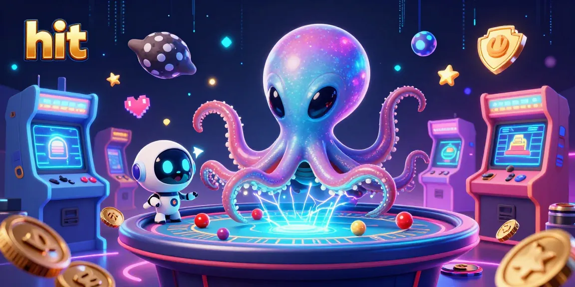 Hit the jackpot with a vibrant scene of a cartoon alien octopus playing poker in a dynamic, colorful casino setting.