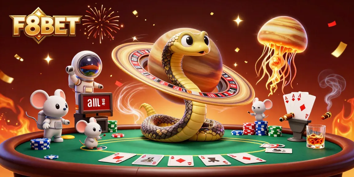 Experience exciting bets at F8BET with a 3D illustration of a snake and astronaut mice in a cosmic casino.