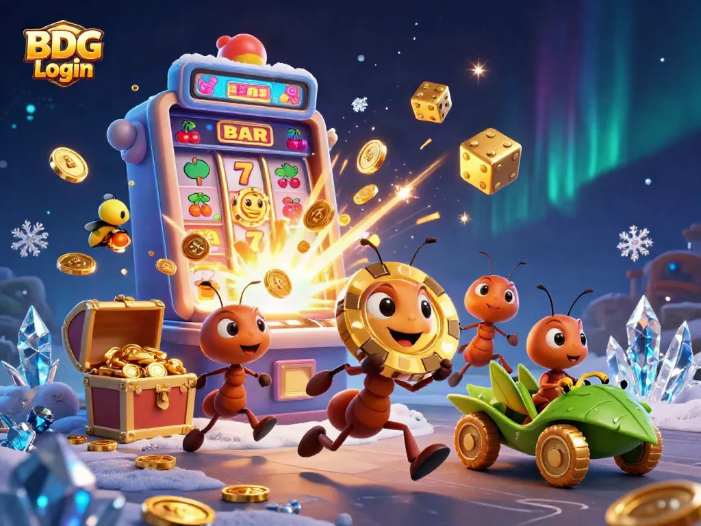 Discover the excitement of BDG Login as cartoon ants pull off a casino heist with vibrant slot elements.