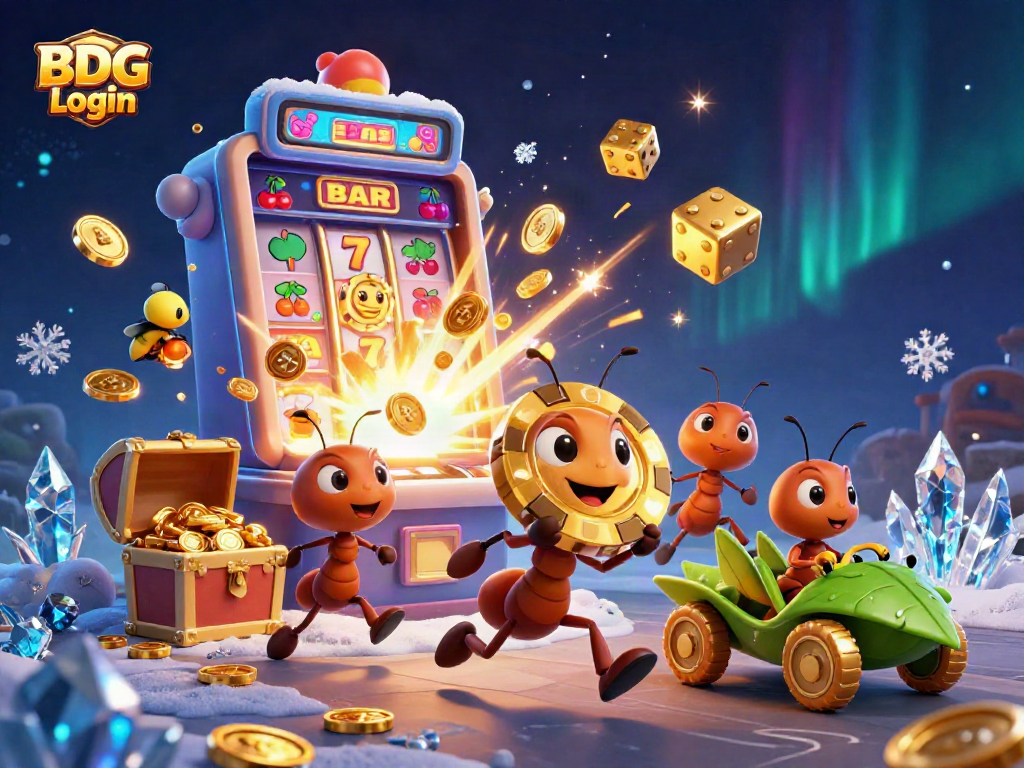 Discover the excitement of BDG Login as cartoon ants pull off a casino heist with vibrant slot elements.