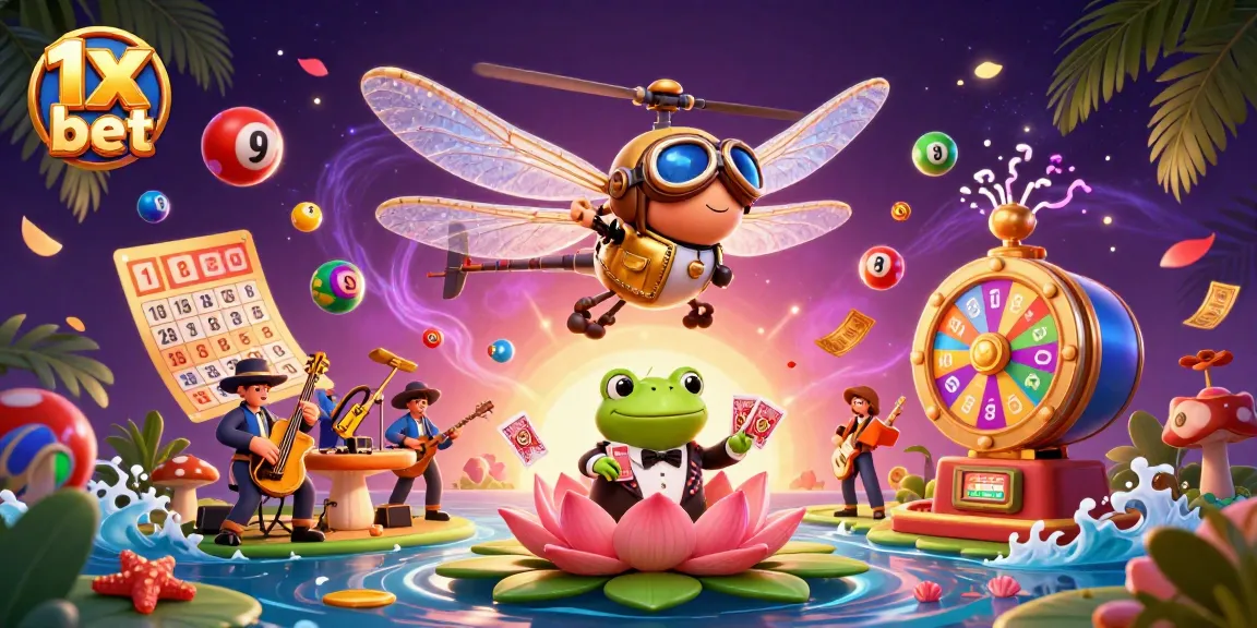 Join the fun with 1x bet at a lily pad casino featuring a dragonfly pilot and frog dealer!